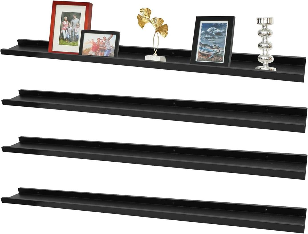 Picture Ledge Shelf,57" Long Floating Shelves with Lip Set of 4,Rustic Photo Frames Shelves Vinyl Record Book Storage Display for Living Room Kids Nursery Bedroom Kitchen Bathroom(Black)