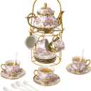 20 PCS Ceramic Tea Sets for Women Tea Party, Purple Pattern Tea Set with Gold Shelf, Flower Porcelain Tea Set with 6 Plates & 6 Spoons, Coffee Cup Set for Restaurant Hotels Dinner