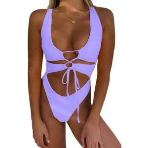 CHYRII Women's Sexy Cutout Lace Up Backless High Cut One Piece Swimsuit Monokini (Lavender), XL