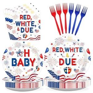 Greencian 96 Pcs 4th of July Baby Shower Party Decoration Red White and Due Plates and Napkins Patriotic Tableware Set for American Independence Day Baby Shower Party Supplies, Serves 24