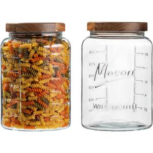 1 Gallon Glass Mason Jar with Airtight Wooden Lid, Wide Mouth Large Food Storage Container with Measurement Markings For Kitchen Pantry, Pickling, Cookies, Flour & Sugar - 2 Pack