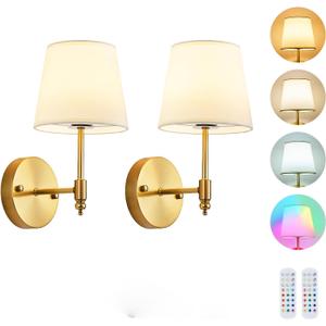 Battery Operated Wall Sconce Set of 2,Gold Wireless Wall Light with Remote Control,RGB Dimmable Wall Sconces Set of Two 15 Colors,Rechargeable Bulbs Cordless Lamp for Bedroom Living Room