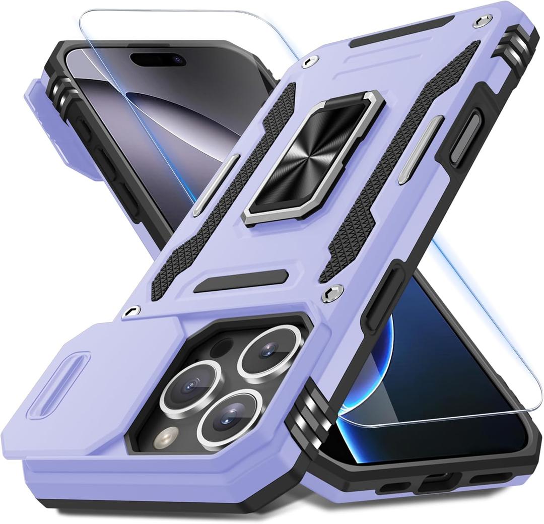 DEERLAMN Case for iPhone 16 Pro Max with Slide Camera Cover+Screen Protector (1 Pack), Rotated Ring Kickstand Military Grade Shockproof Protective Cover-Light Purple