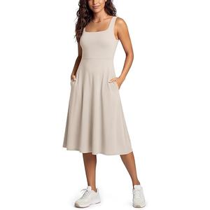 ODODOS Square Neck Midi Dress with Pockets for Women Summer Casual Sleeveless Sundress Flare Tank Dress, Taupe Small