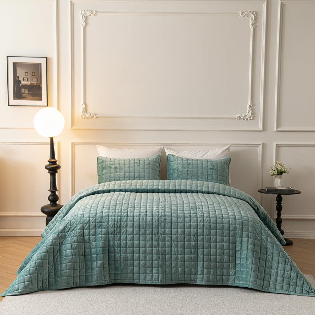 BOV Luxury Velvet Quilt Bedding Set Queen Size, Lightweight Comforter Bedspread Full Size Queen Coverlet Sets with Shams, Teal Green 92"x96"