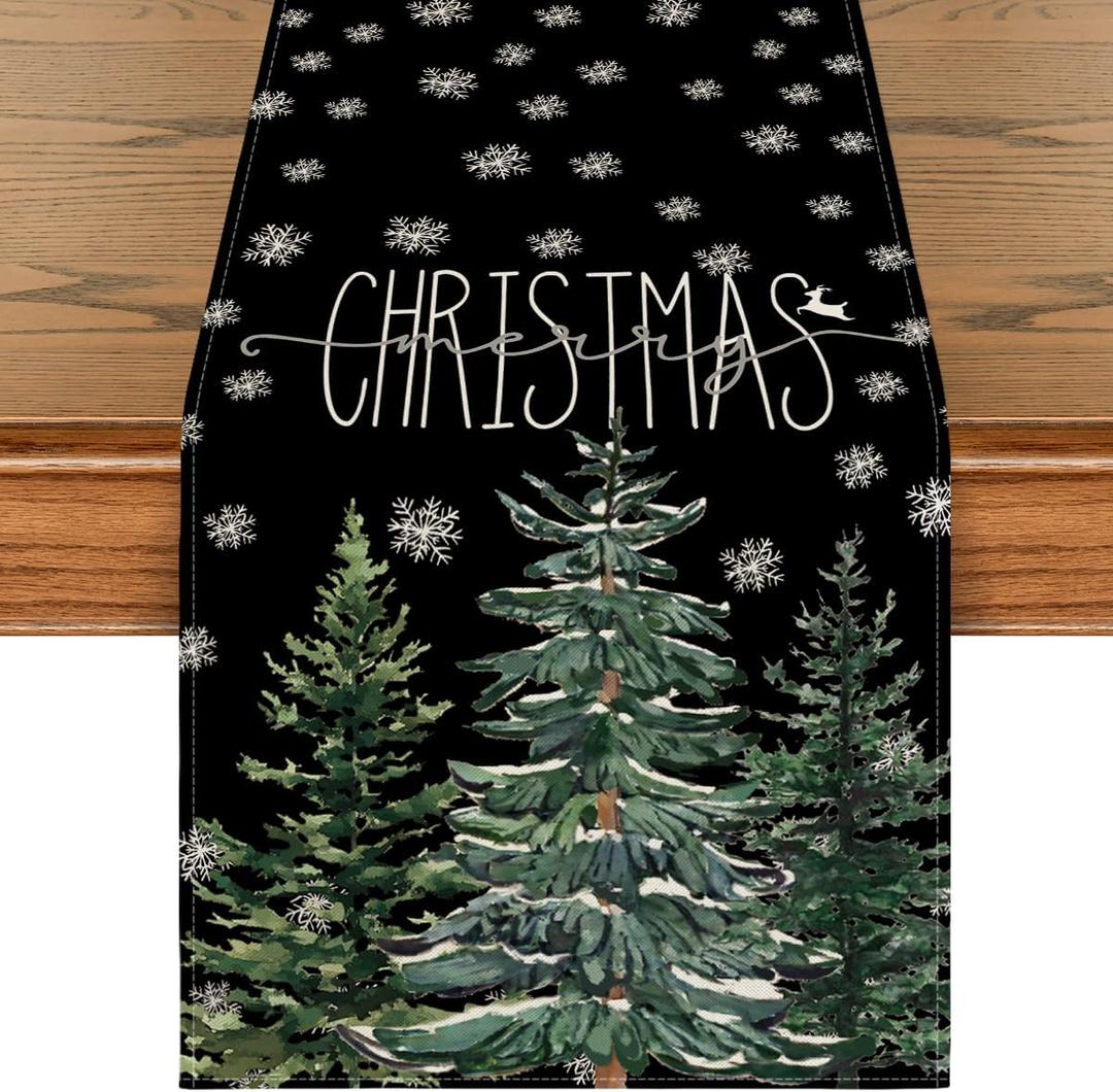 Artoid Mode Black Pine Tree Snowflake Merry Christmas Table Runner, Seasonal Winter Xmas Holiday Kitchen Dining Table Decoration for Home Party Decor 13 x 72 Inch, Black