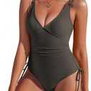 AI'MAGE Women's High Cut One Piece Swimsuit Ruched Tummy Control Swimsuits Ribbed Tie Side Bathing Suits , Extra Large, Grayish Brown 