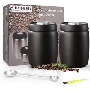 Vacuum Coffee Canister, Coffee Bean Storage with Scoop, Stainless Steel Airtight Food Storage Container, Perfect for Coffee Beans,Coffee Grounds,Loose Leaf Tea (1200ml*2 Matte Black)