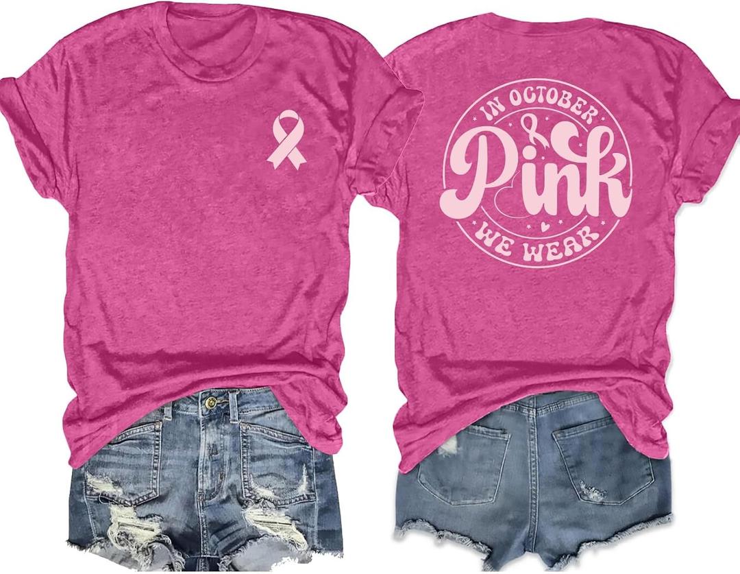 PECHAR in October We Wear Pink Breast Cancer Shirt for Women: Breast Cancer Awareness T-Shirts Pink Ribbons Blouse (Pink, M)