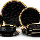 LOVECASA 12 Pieces Plates and Bowls Sets, Porcelain Black and Gold Dinnerware Sets, Round Dinner Plates Dishes Set Service for 4, Dishwasher Safe and Scratch Resistant, Black