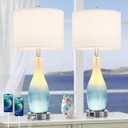 BesLowe 26in Tall Glass Table Lamps Set of 2 with 2 USB Charging Ports & LED Nightlight, Large Coastal Table Lamps for Living Room End Table, Modern Beach Lamps for Bedroom Bedside Nightstand, Blue