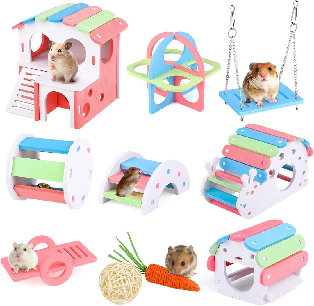 MCEAST 10 Pieces Fun Hamster Toys Set Include DIY Wooden Gerbil Hideout Hamster House Rainbow Bridge Seesaw Swing Roller Pet Exercise Chew Play Toys Guinea Pig Cage Accessories for Small Animals