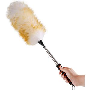 Lambswool Extendable Cleaning Duster 26-64 Inch, Anti-Static Wall Duster Cleaner with Sponge Grip and Stainless Steel Extension Pole for High Ceiling Fan, Interior, and Roof Dusting - Yellow & White