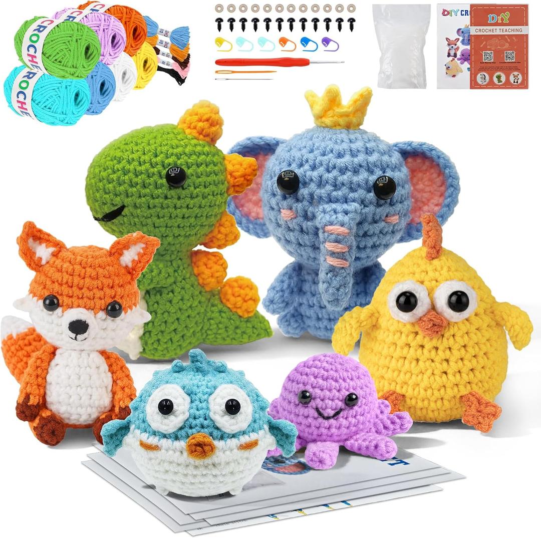 Allaugh Crochet Kit for Beginners Kids: 6pcs Cute Animal Crochet Set Knitting Gift for 8-12 Year Old - Easy to Learn with Step-by-Step Video Tutorials Hook Yarn for Crocheting - DIY Birthday Presents