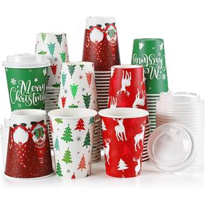 Zhehao 100 Pack 9 oz Christmas Paper Coffee Cups with Lids Disposable Paper Hot Cocoa Cups Christmas Drinkware Party Supplies for Coffee Tea Beverage(Gnomes)