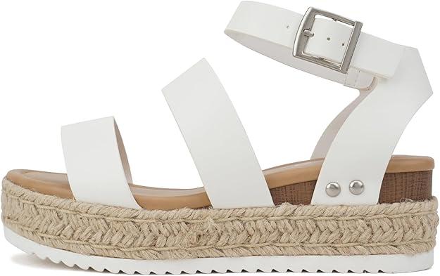 Soda Style Bryce ~ Open Toe Two Bands Espadrille Jute Platform Wedge Casual Fashion Flatform Sandals with Buckle Ankle Strap 6
