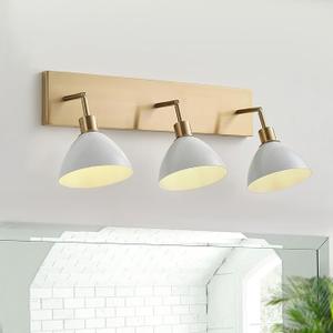 3-Light Modern Bathroom Light Fixtures Gold, 26.77 in Rustproof Bathroom Vanity Lights with White Metal Shades, Modern Bath Wall Sconces for Kitchen Hallway E26 Base