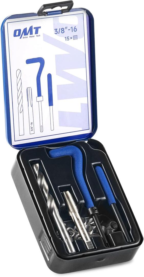 Orion Motor Tech Helicoil Thread Repair Kit, 3/8"-16 Thread Repair Tool Set with HSS Drill Bit & 15 Thread Inserts, SAE Thread Repair Installation Kit for Rethreading Internal Threads with Carry Case