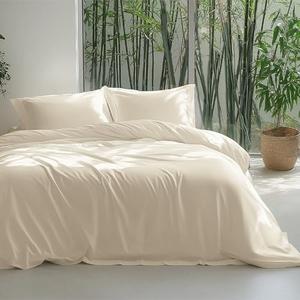 Bedsure Silky Cooling Duvet Cover Queen Size - Lightweight 100% Rayon Derived from Bamboo Comforter Cover Set for Hot Sleepers, Breathable & Moisture-Wicking Bedding Set, Light Beige