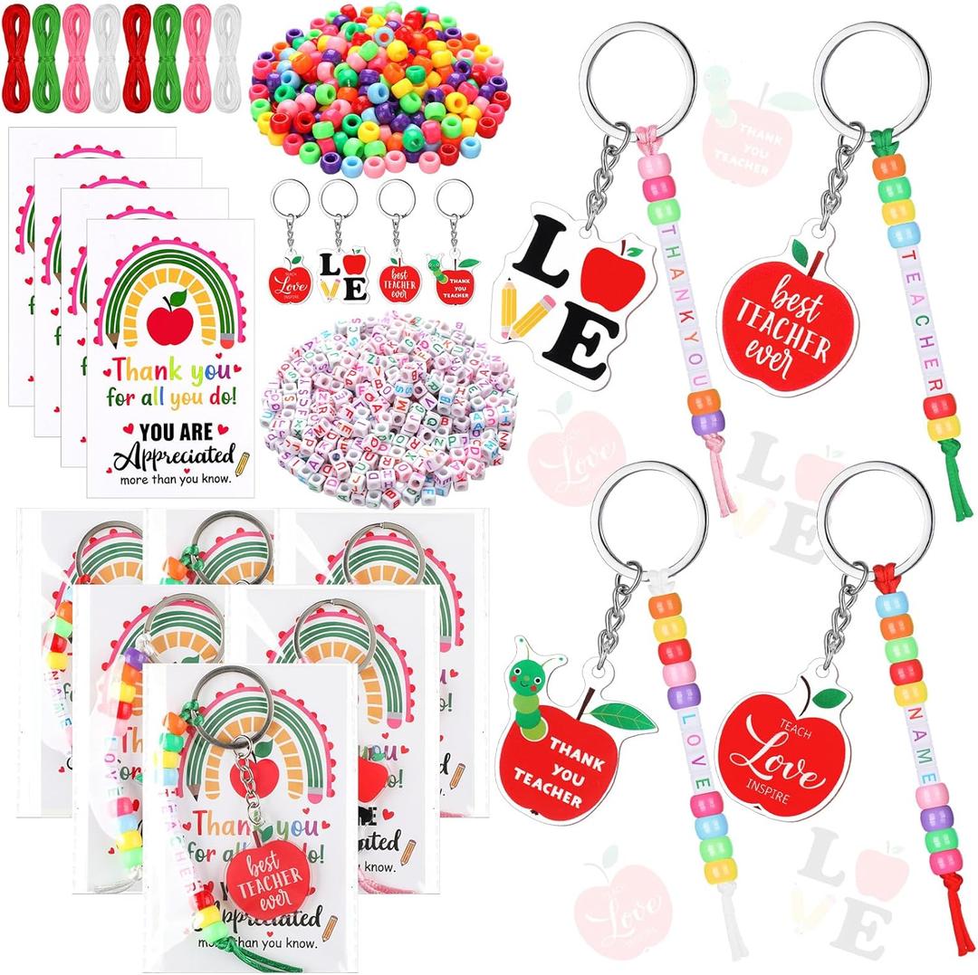 Suncalla 984 Pcs 24 Set Teacher Keychain Making Kit Teacher Charm Gifts Crafts DIY Cute Apple Beads Key Chain Thank You for All You Do Cards Strings Kit Back to School Gift First Day of Party Favors