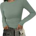 PRETTYGARDEN Long Sleeve Shirts for Women Fall Going Out Tops Casual Ribbed Knit Slim Fitted Basic Tees Y2K Spring Clothes (Large, Sage Green)