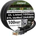 Cat 6 Outdoor Ethernet Cable 100 ft (30.48m), Support Cat8/7 Network, 10Gbps 550MHz, 24AWG Pure Copper, Direct Burial Waterproof In-Ground UV Resistant LAN Patch Cable for Router, Modem, Switch, Black
