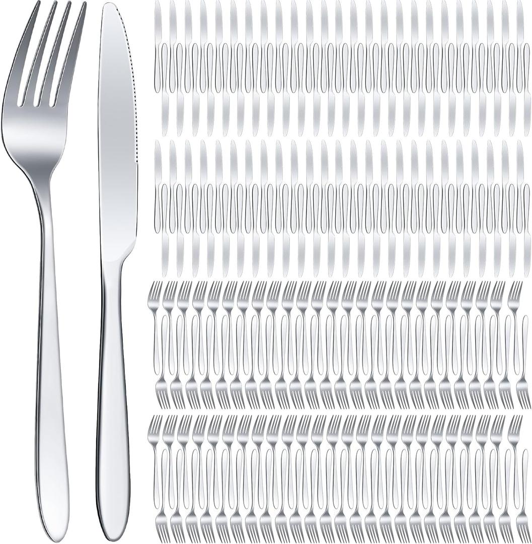 Nuenen 150 Pcs Stainless Steel Set 75 Dinner Forks and 75 Knives, Metal Steak Knives Forks Flatware Tableware Cutlery Set for Home Restaurant(Silver,8.4 x 0.7 Inch,7.1 x 1 Inches)