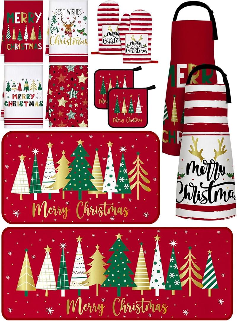 Fourluoo 12 Pcs Christmas Farmhouse Kitchen Decor Set 4 Kitchen Towels 2 Xmas Apron 2 Oven Mitts 2 Pot Holders 2 Rugs for Cooking Baking Grilling Women Mom Daughter Gift(Christmas Tree)