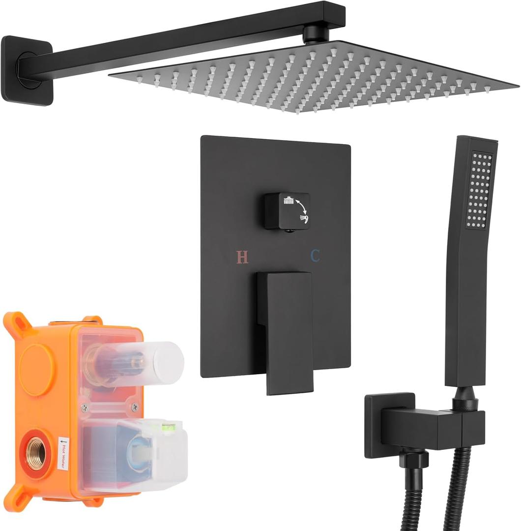 Brushed Black Square Shower Head with Handheld Set, Rainfall Shower System Modern Wall Mounted Shower Faucet for Bathroom 12 inch (With Shower Valve)