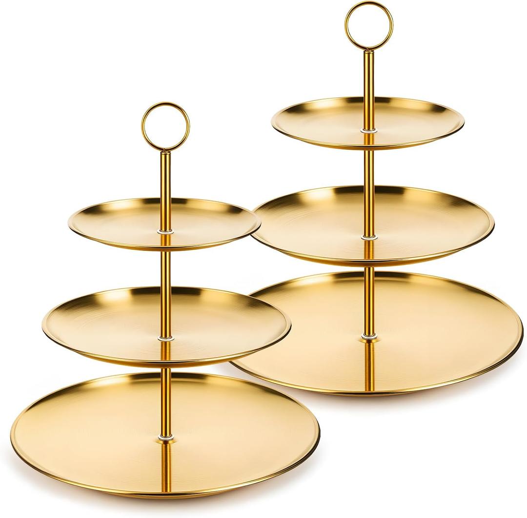 2 Pcs 3 Tiered Gold Cupcake Stand 3 Tier Stainless Steel Cupcake Stand with Removable Tiered Tray Gold Tiereds Dessert Stands Party Serving Trays Golds Cake Holder for Weddings Birthdays Decorations