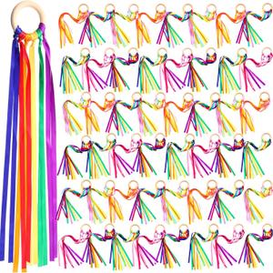 Junkin Ribbon Rings Hand Kite Waldorf Toys Dancing Wrist Ribbons Rainbow Streamers with Wood Ring Educational Toy for Playroom Dancing Birthday Party Gift(Rainbow,48 Pcs)