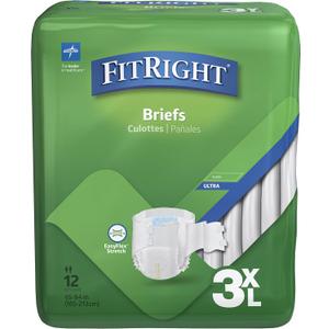 FitRight Disposable Adult Incontinence Briefs, Heavy Absorbency, Size 3XL (65-84 Inch Waist), Pack of 12
