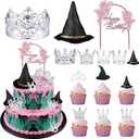 41 Pcs Witch Hat Silver Alloy Crown Cupcake Toppers Witches Themed Party Decorations Witch Hats and Crowns Cake Topper Set for Pink and Green Party Halloween Birthday Wedding Supplies Favors