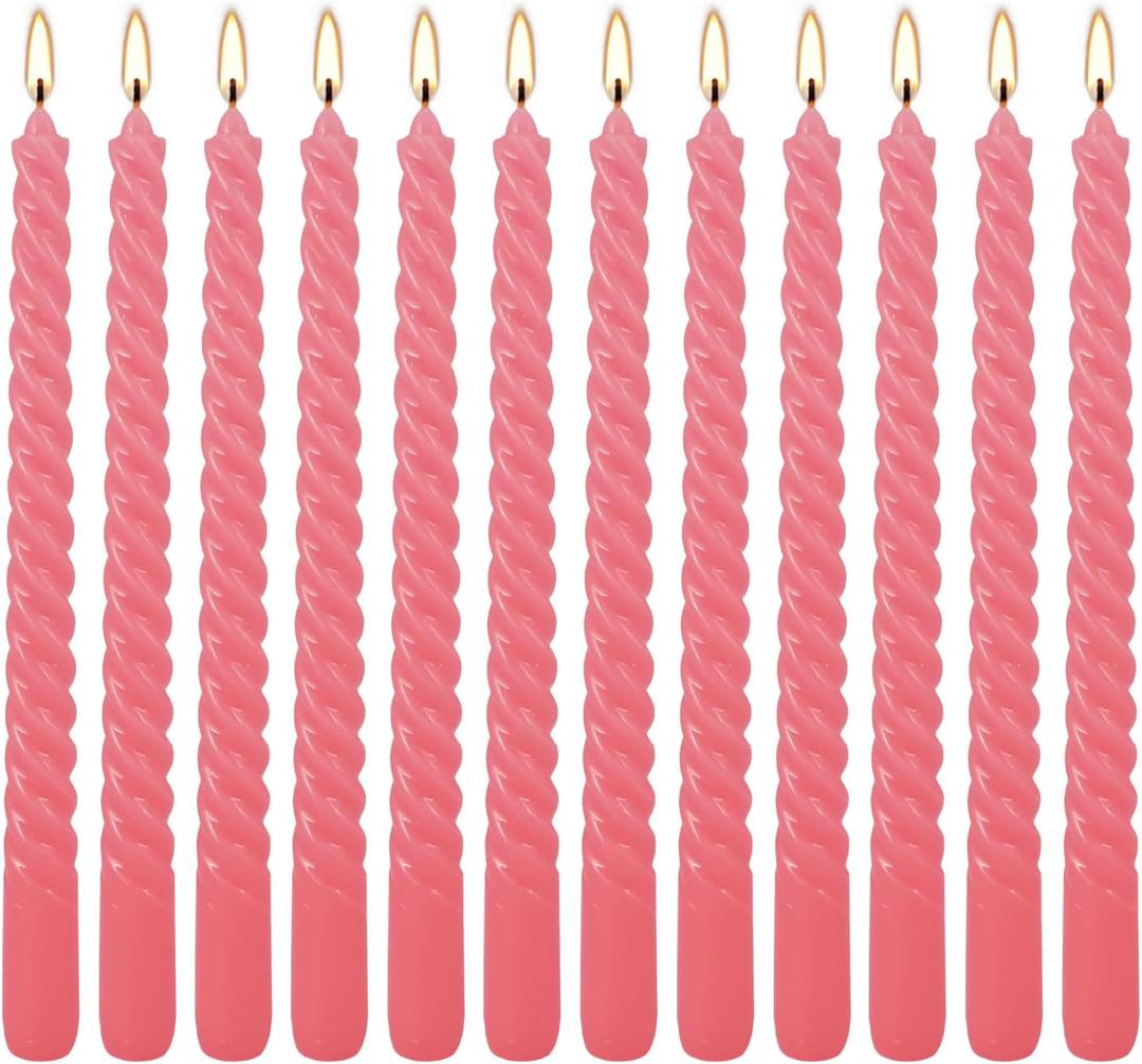 12-Pack Pink Spiral Taper Candles  10 Inch Elegant Dripless & 10-Hour Burn  Long-Lasting Decorative Candles for Weddings, Birthdays, Parties, Church, Home Decor & Romantic Dinners