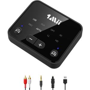 1Mii Bluetooth 5.3 Transmitter for TV to 2 Wireless Headphones, Long Range 100ft Bluetooth Adapter for TV aptX Low Latency& HD/Volume Control, Optical/USB/AUX/RCA Audio Inputs