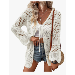 Women's Crochet Cardigan Light Weight Long Sleeve Tie Front Hollow Out Thin Cardigan, M Women's Crochet Cardigan Light Weight Long Sleeve Tie Front Hollow Out Thin Cardigan, M