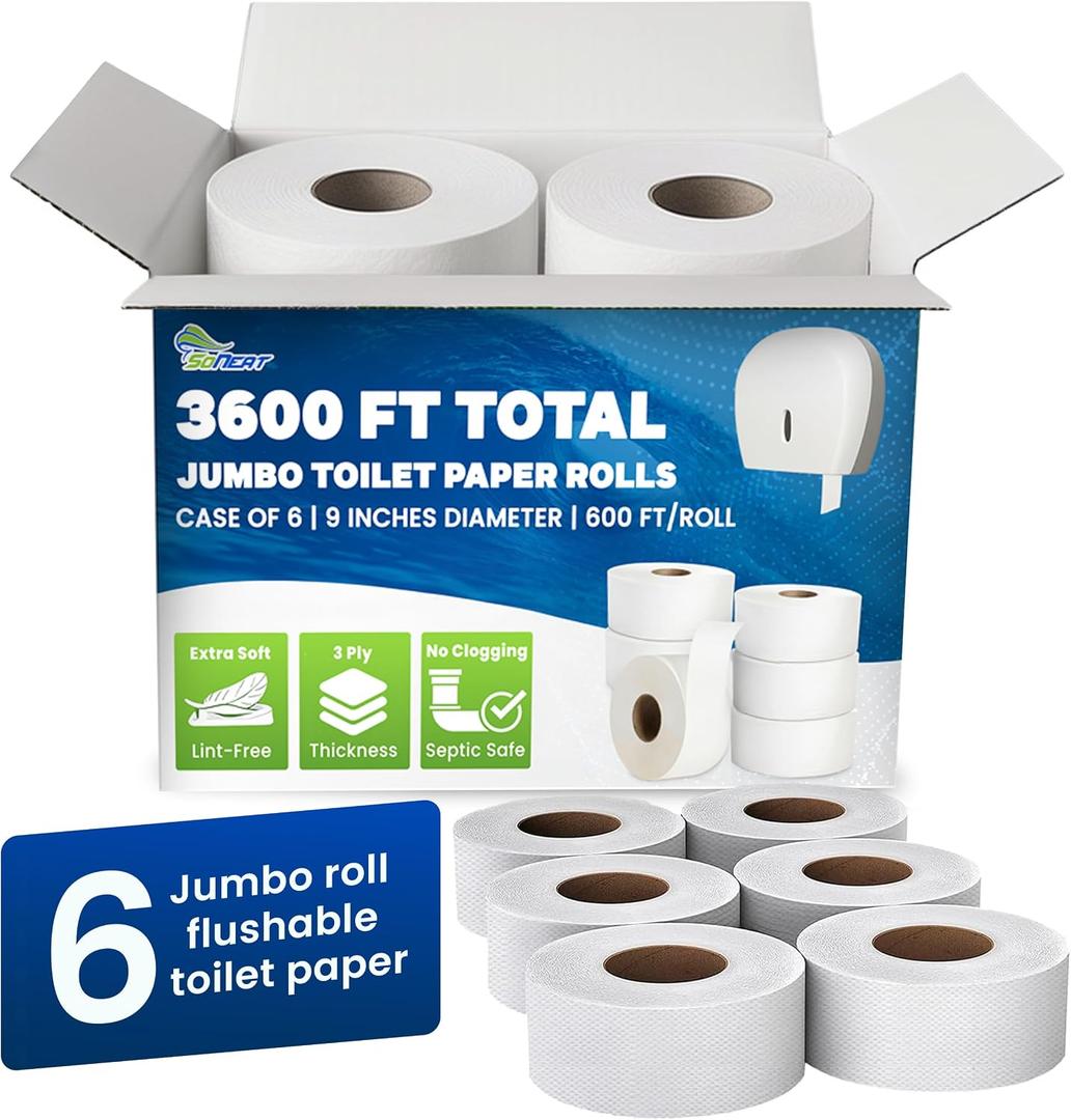 Commercial toilet paper - Jumbo toilet paper rolls -3,600 FT Industrial 3-Ply 9 Bulk Large Roll for Standard Jumbo Dispenser -100% Recycled Fibers-Soft and Absorbent Bathroom Tissue -6 Roll Case Pack