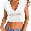 Tankaneo Womens Deep V Neck Cropped Tank Tops Low Cut Summer Cap Sleeve T Shirts Y2k Slim Fit Cute Tees (Small, White)