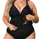 CUPSHE Women Swimsuit Plus Size Bikini Set Two Piece Bathing Suit V Neck High Waisted Flowy Ruffle Hem Floral (Large, Black)
