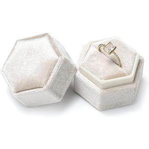 Etercycle Velvet Ring Box - Vintage Hexagon Premium Jewelry Display Holder Gift Box with Detachable Lid for Wedding Ceremony Proposal Engagement (Beige, 1 Slot)
