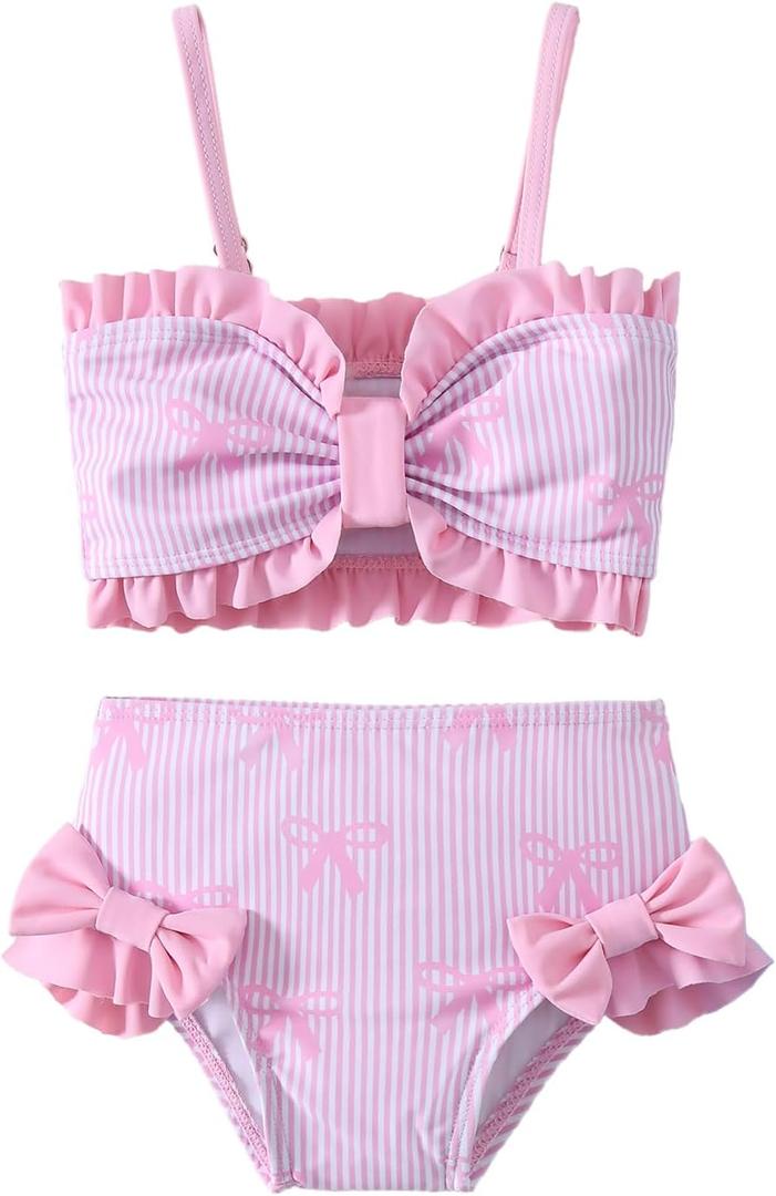 SuperGlee Toddler Baby Girls Swimsuit Two Piece Floral Stripe Swimwear Infant Summer Beach Bikini Bathing Suit (US, Age, 6 Months, 12 Months, Pink Stripes)