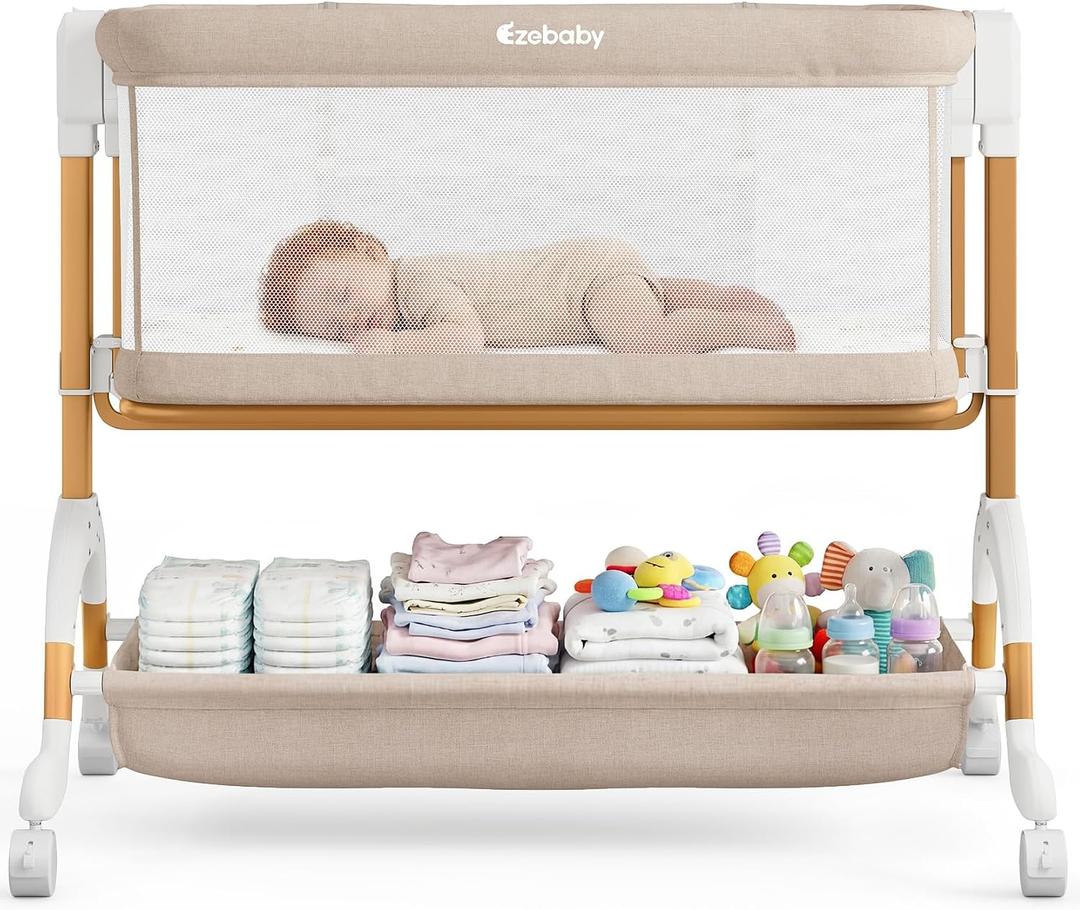 Ezebaby 3 in 1 Baby Bassinet Bedside Sleeper, Rocking Bassinet for Baby with Comfy Mattress & Breathable Full Mesh Sides, 7 Height Adjustable | Portable Crib for Newborns