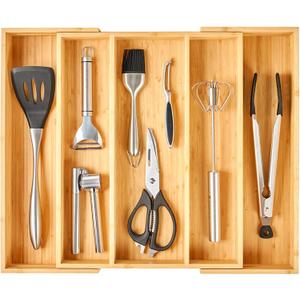 Kitchen Drawer Organizer, Bamboo Utensils Silverware Tray, Adjustable Large Deep Wood Organization Holder