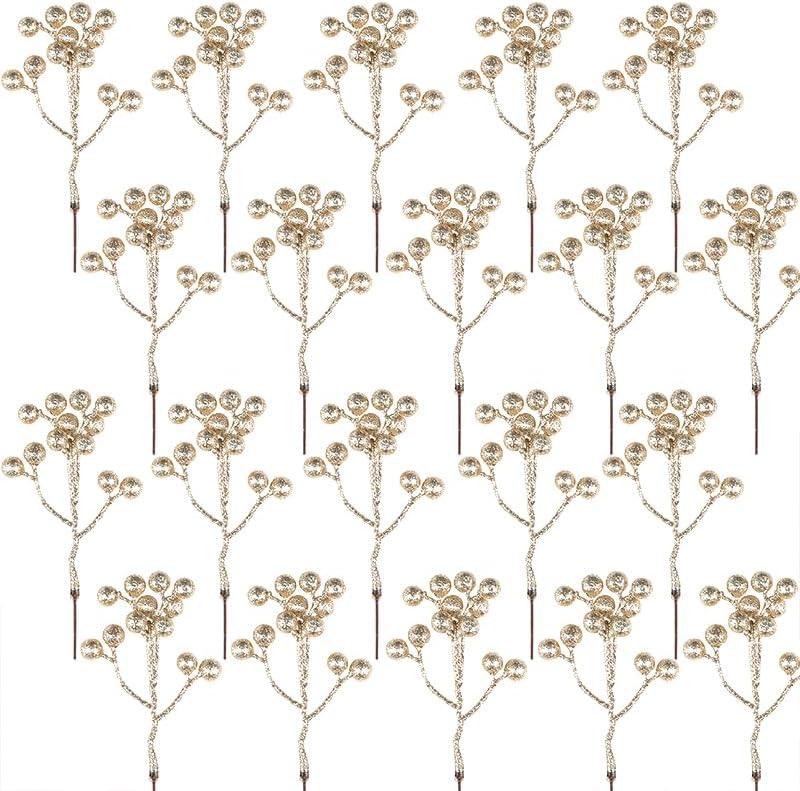 Fangoo 20 Pack 7 Inch Artificial Champagne Gold Berry Stems Christmas Champagne Gold Berries Picks Holly Berry Branches for Christmas Tree Ornaments DIY Crafts Wedding Holiday Season Winter Home Decor