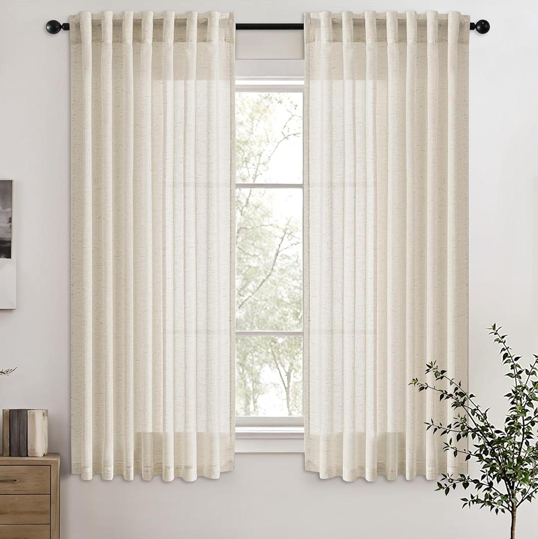 ANRODUO Ivory Back Tab Linen Curtains 72 inch Long for Living Room Semi Sheer Light Filtering Bedroom Privacy Curtain Neutral Rustic Cotton Textured Decor for Dining Room Office 2 Panel Set