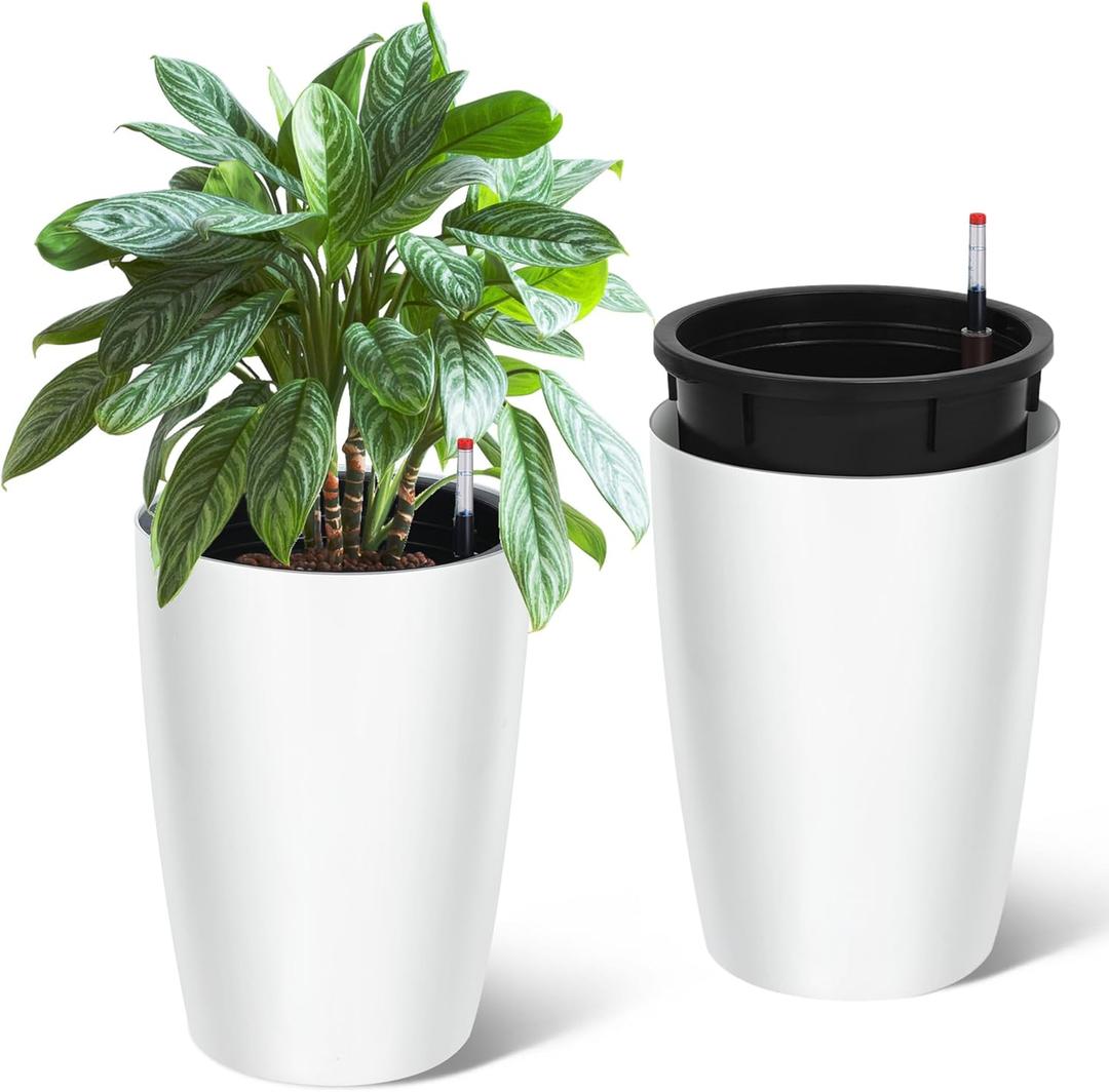 Garvee Tall Planters for Outdoor Plants, 16 in Large Planters Set of 2, Outdoor & Indoor Planters with Water Level Monitor Inner Bucket, Automatic Watering, for Porch, Patio, Backyard, White