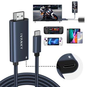 IVANKY 2-in-1 USB C to HDMI 100W 6.6ft Charging Cable Dock for Mobile Phone/Steam Deck OLED/ROG Ally X/iPad, 4K@60Hz Nylon Braided Portable TV Adapter Connector for TV Screen Extend, Midnight Blue