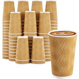90 Pack 16 oz Disposable Coffee Cups No Lids, Champagne Insulated Ripple Wall Paper Coffee Cups 16oz, Kraft Corrugated Beverage Paper Cups for Hot Chocolate, Home, Travel, Office, Tea