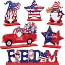 Qunclay 6 Pieces Patriotic Table Decor Memorial Day Table Decorations Wooden Gnome Freedom Truck Star 4th of July Table Signs for Veterans Day Independence Day Table Topper Decor Supplies (With Base)