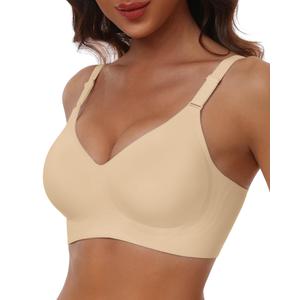 HORISUN No Underwire Seamless Full Coverage Bras for Women Regular & Plus | V Neck,Push Up Support Lift,Wireless,Front-adjustable Straps,Comfortable Bralettes,Back Smoothing,Everyday T-shirt Bra, XXL